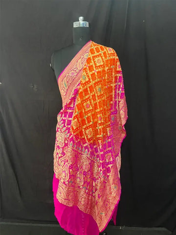 Rai bandhej khaddi Georgette Minakari Dupatta Orange Rani