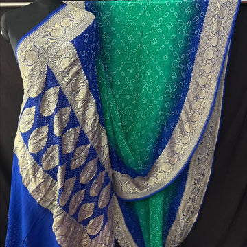 Rai bandhej Sea green Royal blue Khaddi  Georgette Bandhani Saree