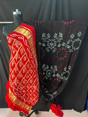 Pure gaji silk Bandhani Sarees with red and Black dots