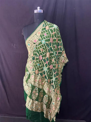 Rai bandhej khaddi Georgette Minakari Dupatta bottle green