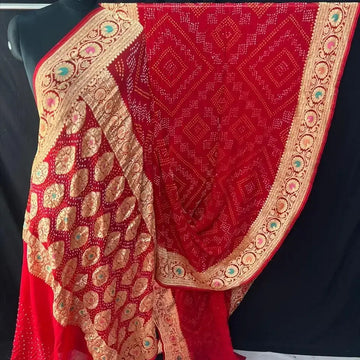 Rai bandhej red Khaddi  Georgette Bandhani Saree