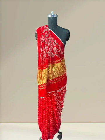 Pure gaji silk rai bandhej half and half red