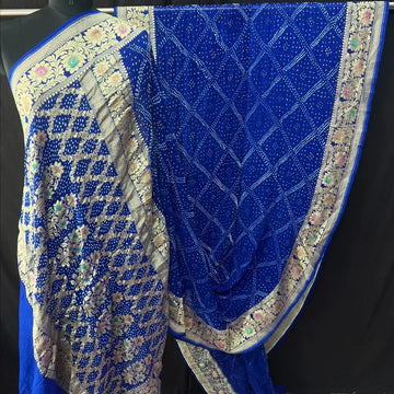 Rai bandhej Royal Blue Khaddi  Georgette Bandhani Saree