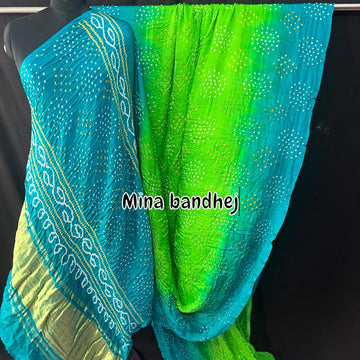 Pure gaji silk fine bandhej Perrit firozi shaded saree