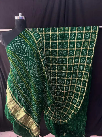 Gaji silk bandhani saree in Garchola style State green