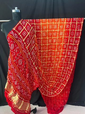 Gaji silk bandhani saree in Garchola style State Orange red