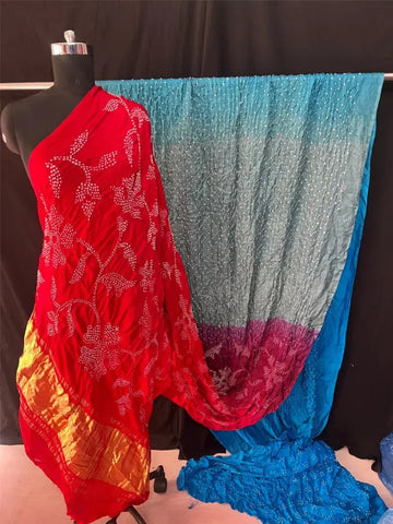 Pure gaji silk rai bandhej half and half red ombre