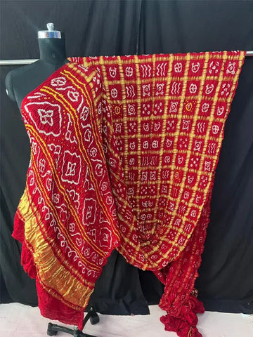 Buy Gaji silk bandhani saree in Garchola style Meroon