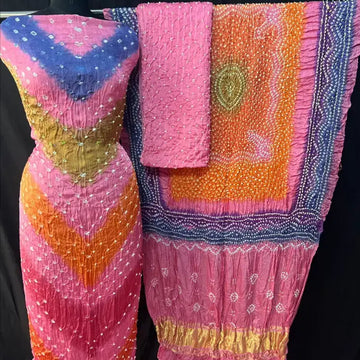 Pink multi coloured bandhani dress material