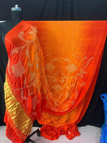 Pure gaji silk rai bandhej half and half orange light dark
