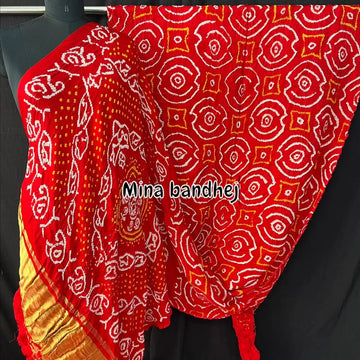 Abstract rai bandhej red saree