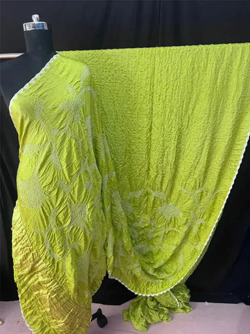 Pure gaji silk rai bandhej half and half mint green