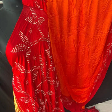 Orange and red Bandhani Saree in Pure Gaji Silk fine bandhej saree