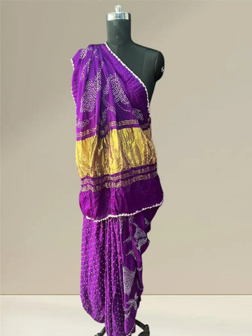 Pure gaji silk rai bandhej half and half purple 1