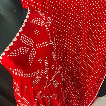 Red Bandhani Saree in Pure Gaji Silk fine bandhej saree